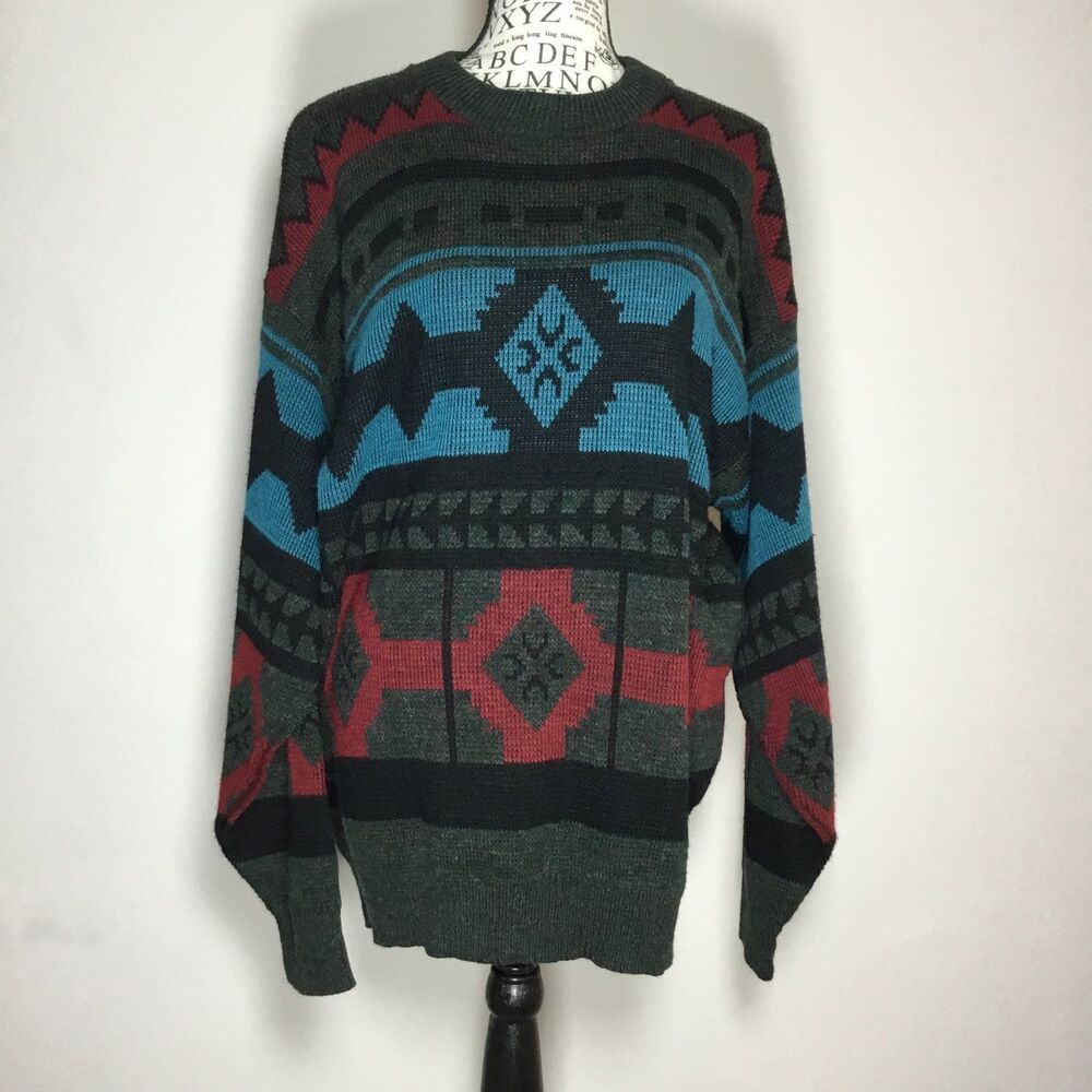 Slouchy Aztec pattern knit sweater black red blue cozy winter cabincore XL